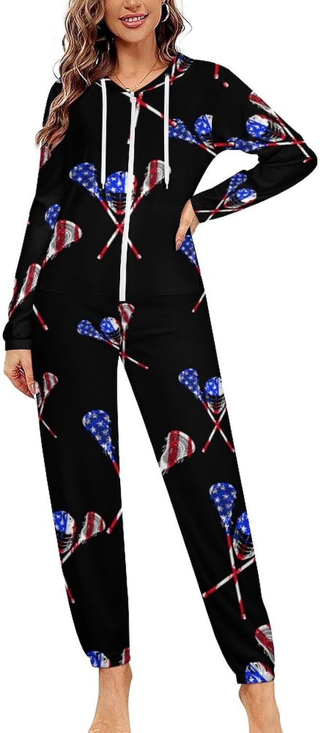 Lacrosse U.S.A. Flag Adult Pajamas Onesie with Hood Pocket Jumpsuits One Piece Sleepwear