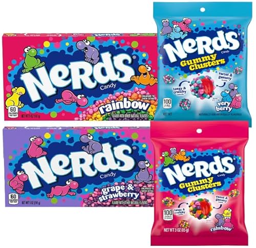 Nerds Süßigkeiten Mix – 4er Set (452 g) US Candy Box – Mit Nerds Candy & Gummy Clusters – Amerikanische Süßigkeiten Auswahl – inkl. Naschwerk® Sticker Nerds Süßigkeiten Mix – 4er Set (452 g) US Candy Box – Mit Nerds Candy & Gummy Clusters – Amerikanische Süßigkeiten Auswahl – inkl. Naschwerk® Sticker