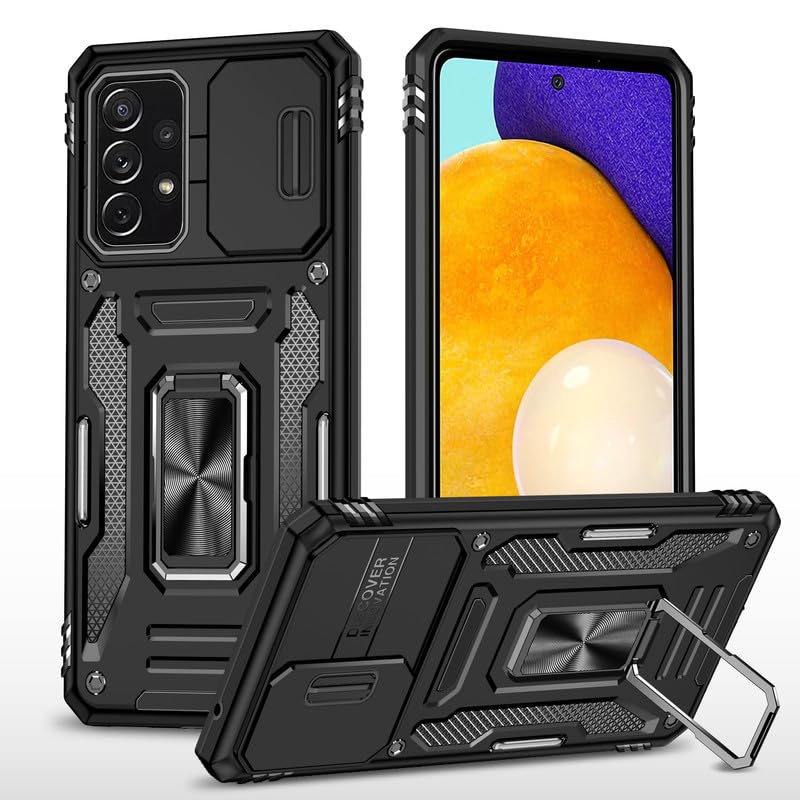 Image of Heavy Duty Armor Case for Samsung Galaxy A52 / A52s Ring Holder Camera Slider Heavy Protection Shockproof Back Case Cover for Samsung Galaxy A52 / A52s - Black