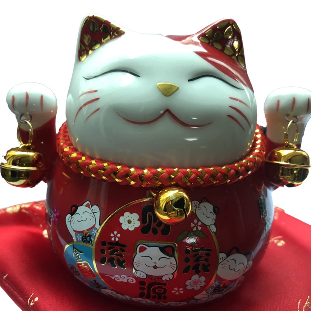 Tgfer New 4.5' Multicolor Ceramic Maneki Neko Lucky Cat Coin Bank Style Red