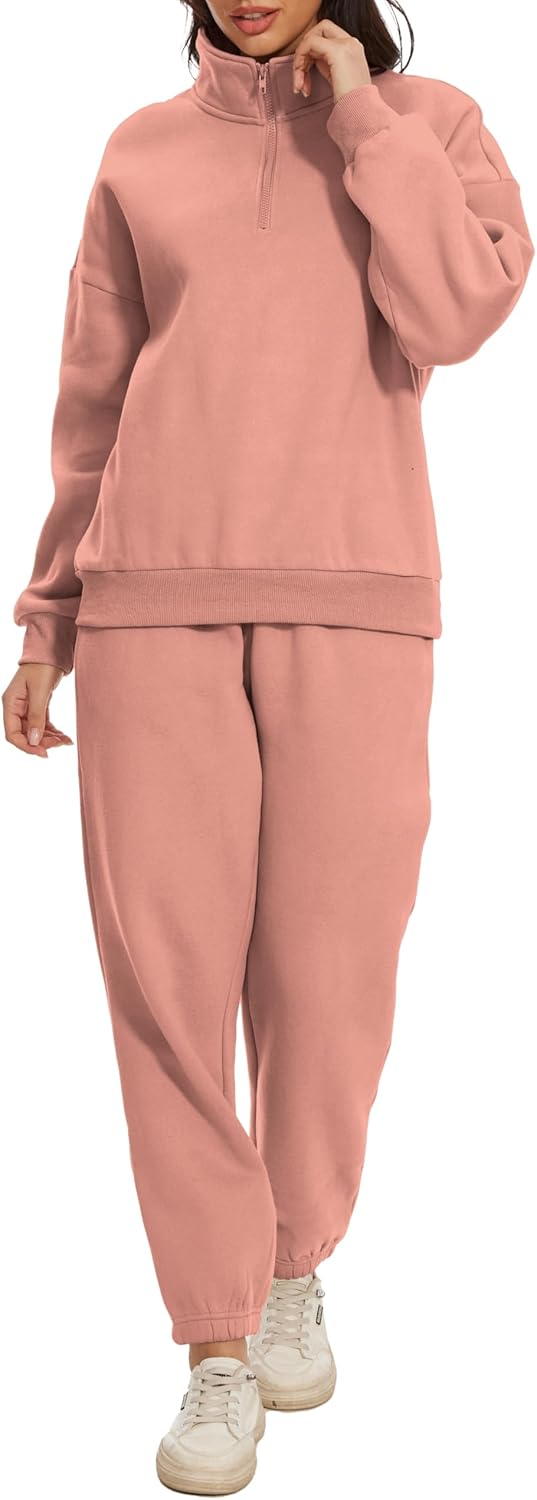 Women Oversized Long Sleeve Sweatsuit Half Zip Sweatshirt & High Waisted Pants 2 Piece Outfits With Pockets