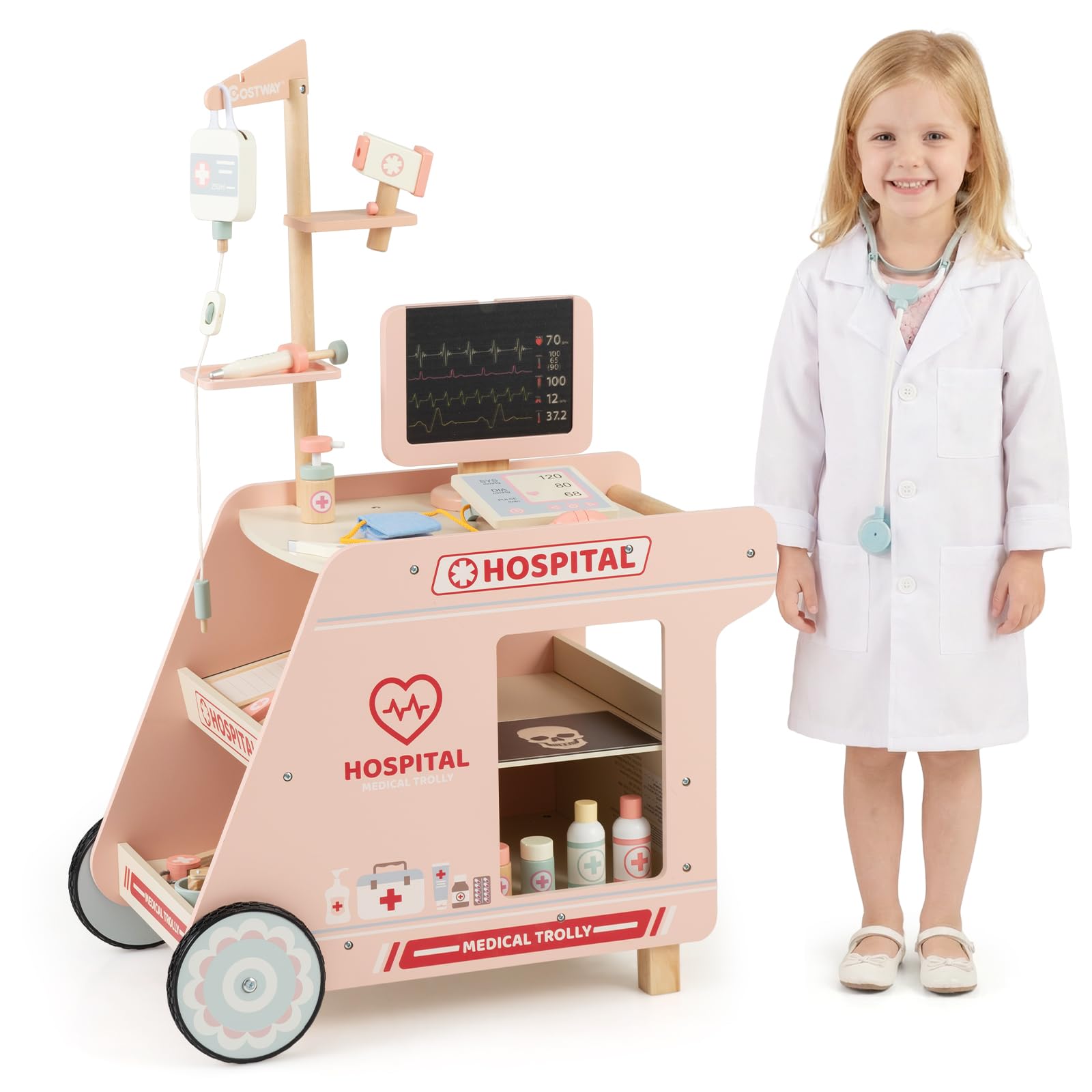 COSTWAY Wooden Doctor Playset, Kids Role Play Medical Station Cart with CT Machine, Stethoscope & Accessories, Mobile Toddler Pretend Hospital Play Set for Boys Girls (Pink)