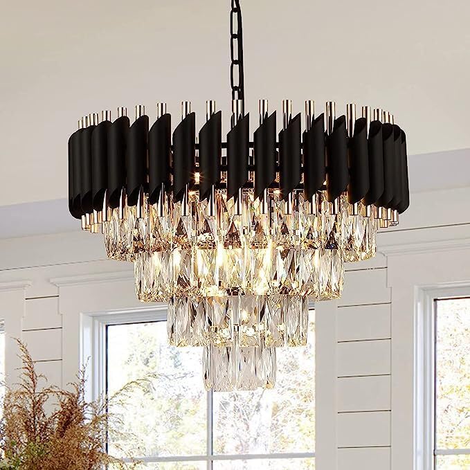 Image of Modern Crystal Chandelier 500mm Black and Gold Round Pendant Ceiling Light Fixture Flush Mount for Dining Room Living Room Bedroom Foyer Hallway Entryway