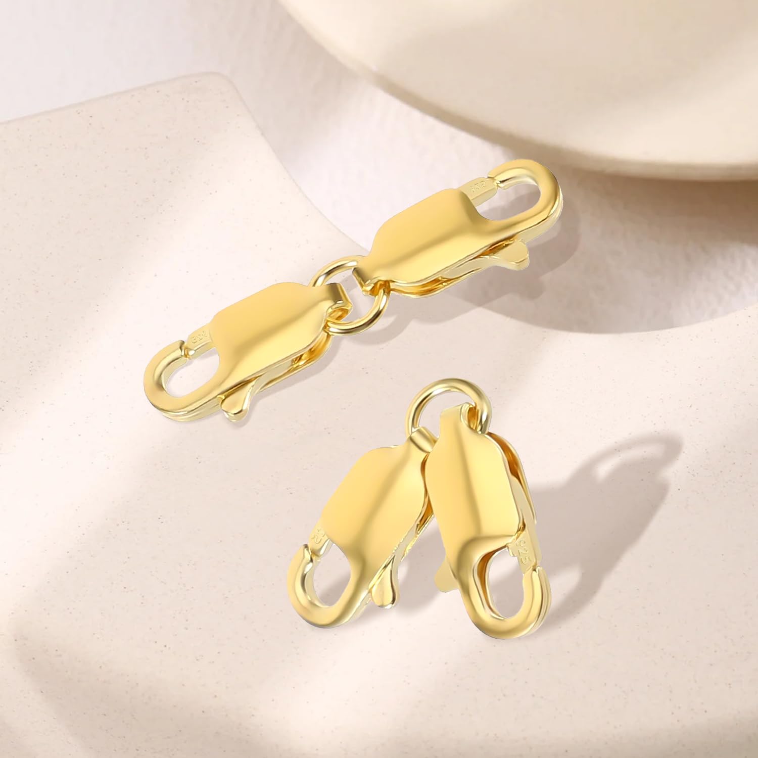 2 chiusure a moschettone doppie, chiusure a moschettone per bracciali, chiusura per gioielli, doppia chiusura per collana, in argento Sterling placcato oro 14 carati, connettore di estensione per la