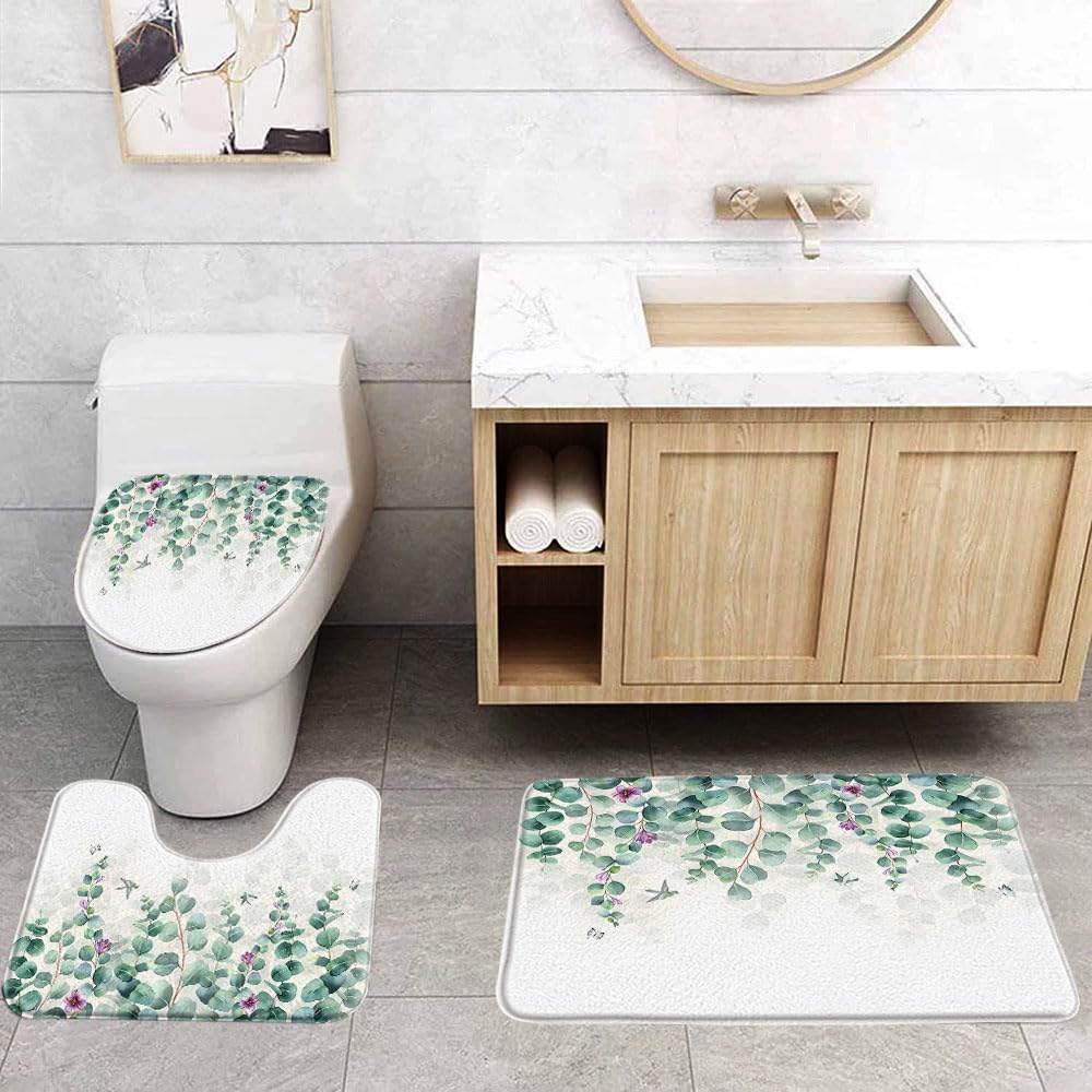 VPUPCN Green Leaves 3 Pcs Bath Rugs Set,Sage Green Eucalyptus Leaf Watercolor Nature Floral Plant Botanical Spring Bathroom Kitchen Rug with 17.8