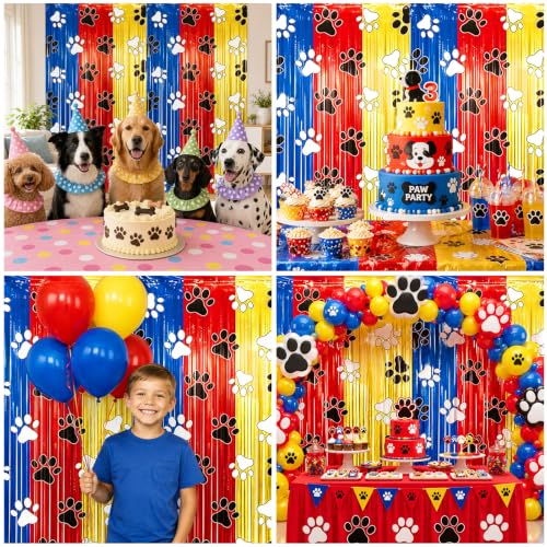 Image of 2 Pack Paw Foil Fringe Curtain, Blue Red Yellow Metallic Tinsel Backdrop for Kids Birthday Baby Shower Cartoon Dog Theme Party Decorations Supplies