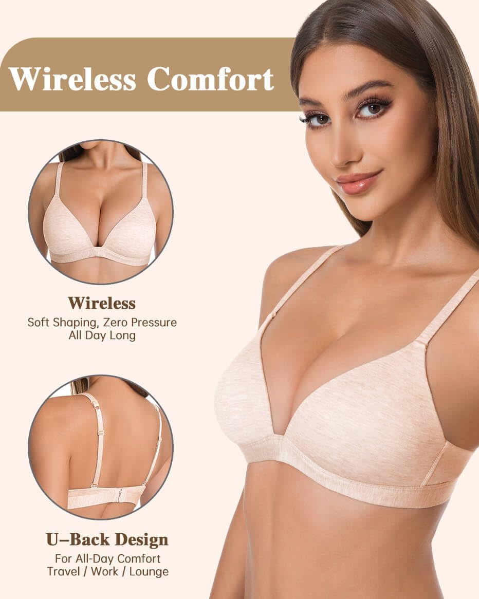 Bras for Women No Underwire - Wireless Deep V Soft Plunge Bra with Light Support, Adjustable Straps, Comfortable Everyday Bra