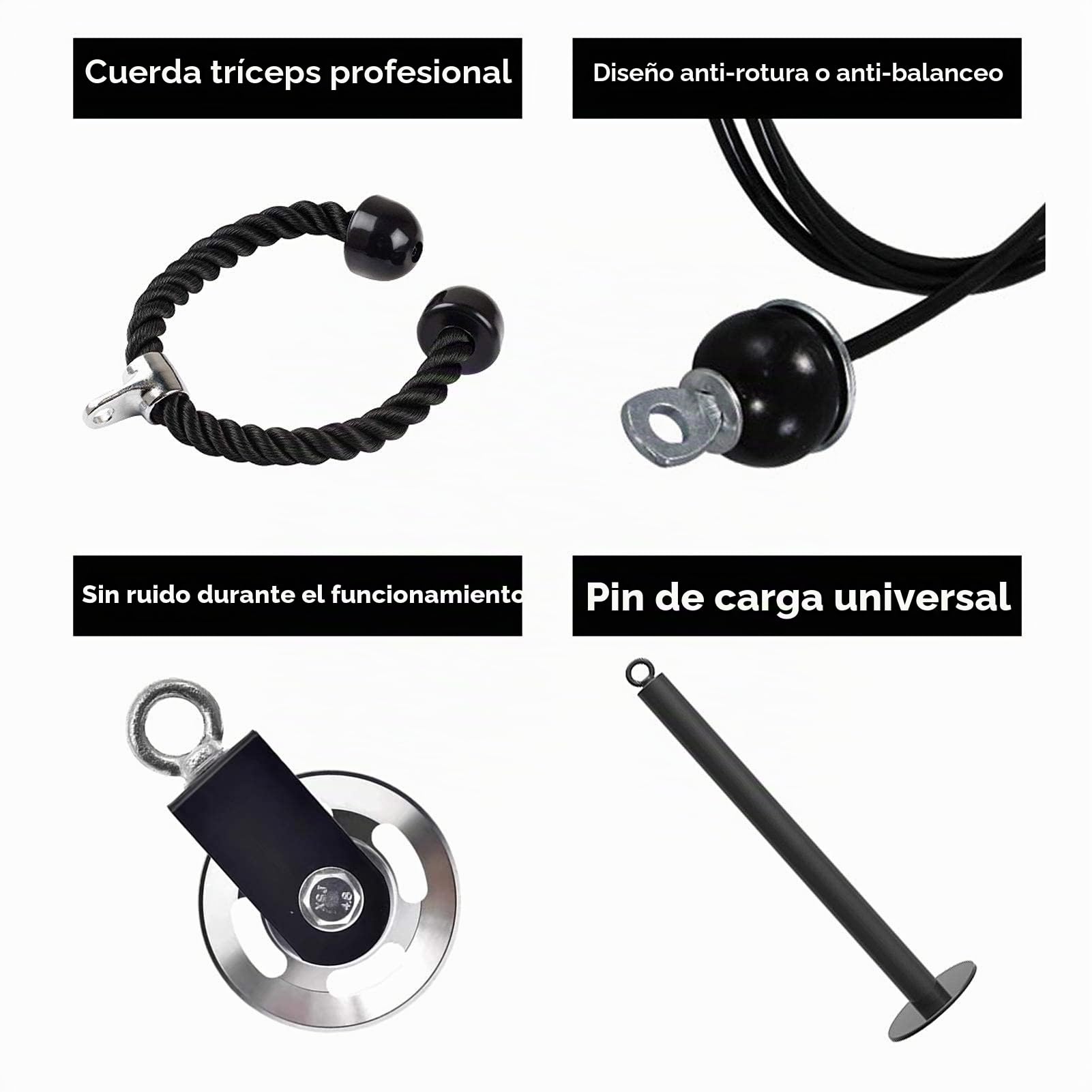 Sistema de Poleas Gimnasio en Casa, Kit Musculación Fitness con Cuerda Tríceps, Polea Aluminio 9 cm, Cable Acero 2 m y Pin Carga para Espalda, Brazos, Hombros, Bíceps y Parte Superior en Casa