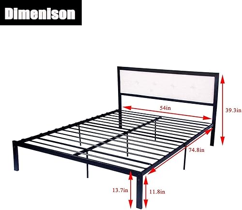 Miniatura 3 de Marco de cama de metal moderno de plataforma de 14 pulgadas con listones de acero y cabecero, base de colchón, no necesita somier, tamaño matrimonial