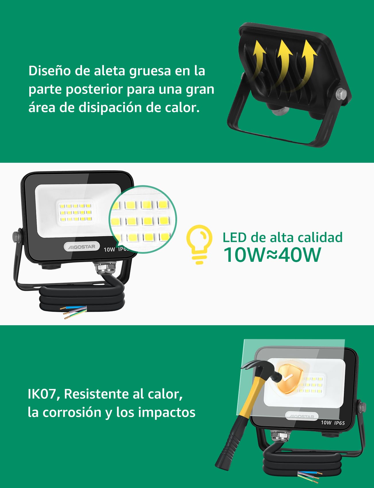 Aigostar Foco LED Exterior 10w 825LM: Foco Proyectore LED Exterior Impermeable IP65-6500K Blanco Frío para Garaje Jardín Patio Parque. 8 Piezas