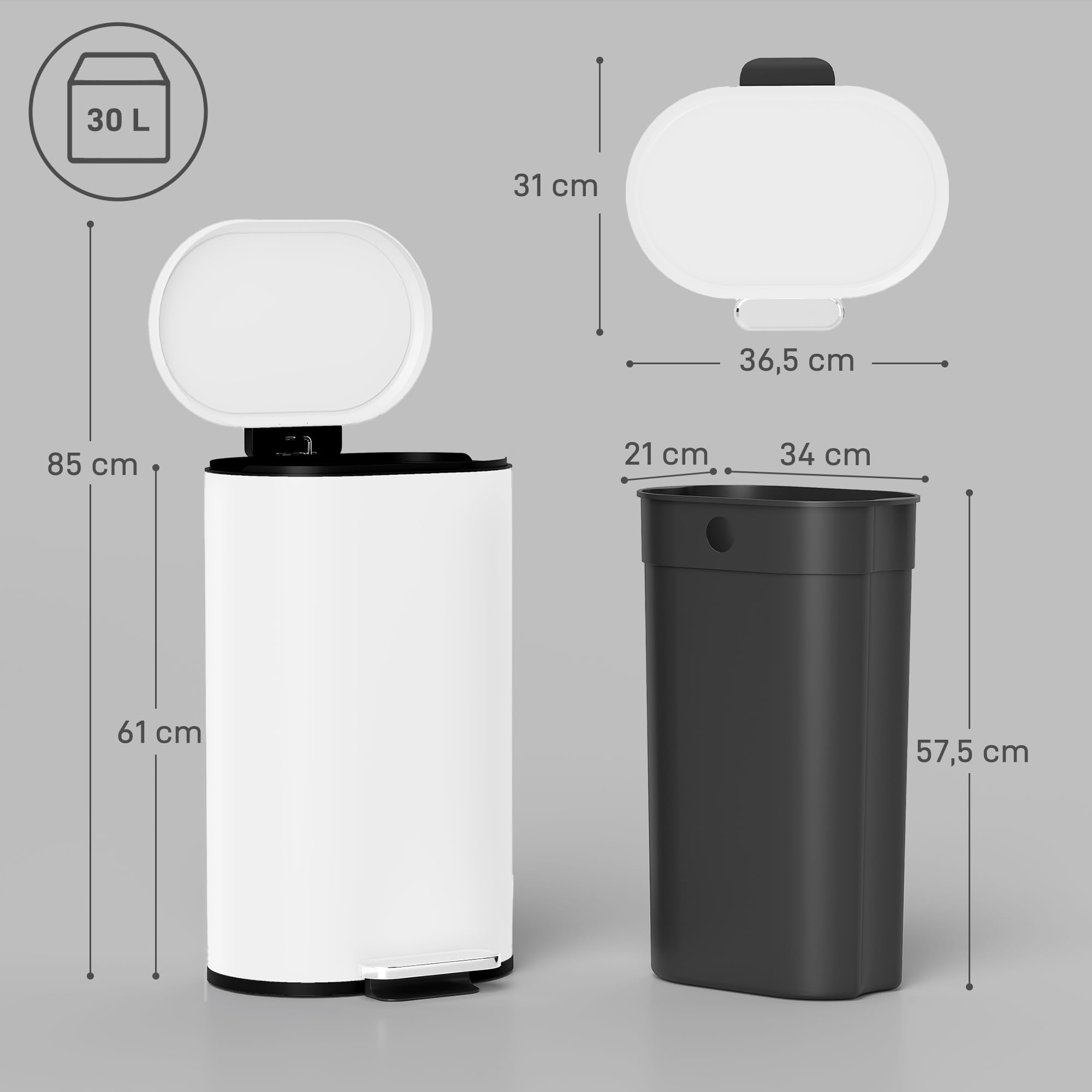 HOMCOM Poubelle cuisine 30L, poubelle à pédale rectangulaire avec seau intérieur amovible, couvercle à fermeture douce 90° et maintien en ouverture, anti-traces, pour bureau et maison, blanc