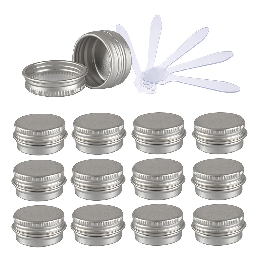 Zeoabsy Silver Pack Of 12, Empty 5Ml Aluminium Tins With Screw Lids Round Cosmetics Containers Pots Storage Jars For Lip Balm Diy Candle Salve Powder Crafts With 6 Spatula