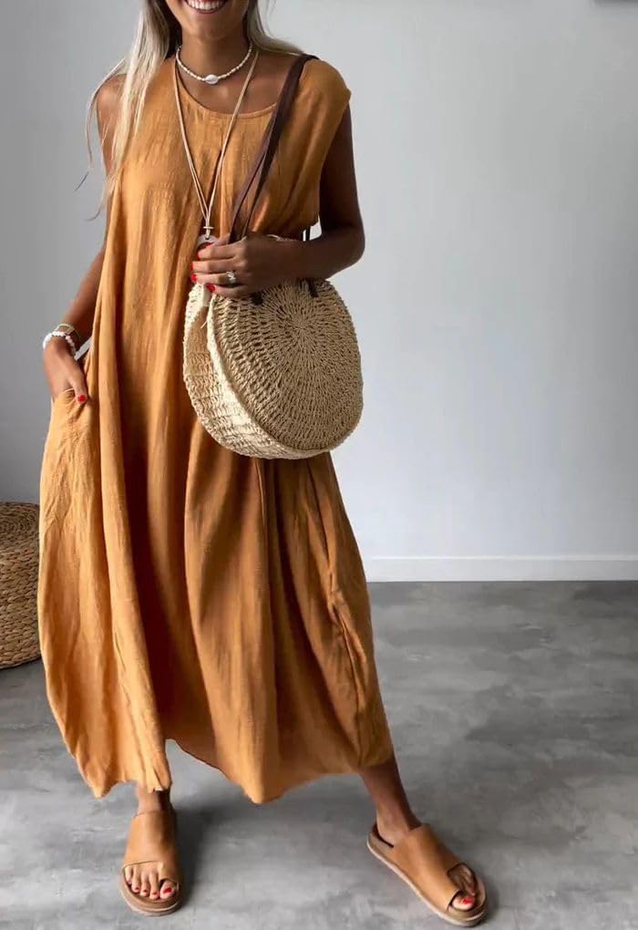 chouyatou Women's Summer Sleeveless Linen Tank Dress Casual Loose A-Line Midi Long Beach Dress - Image 2