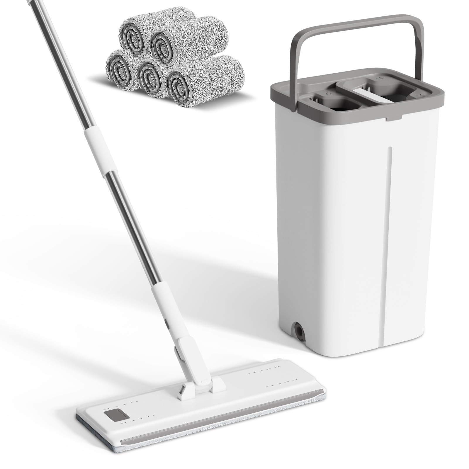 Mopa Fregona con Cubo Escurridor, Juego de Fregona y Cubo, Mopas de Limpieza Suelos con 5 Almohadillas, Mopa Plana Microfibra con Función Escurridor para Madera Dura Laminado, Blanco
