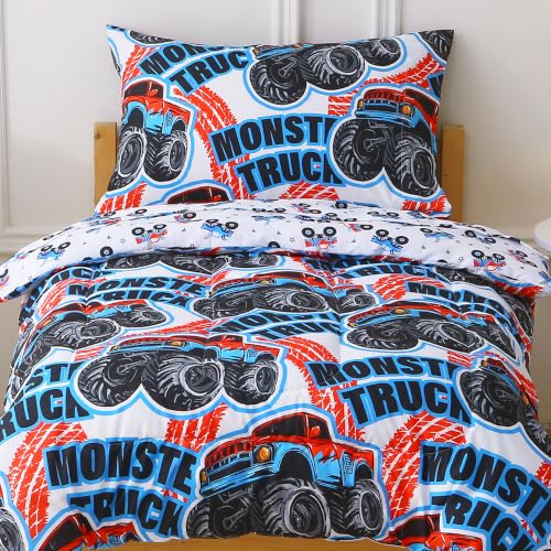 Image of Viviland Toddler Comforter Sets, 4 Pieces Bedding Sets, Monster Truck | Microfiber Truck Bed Set, Boys, Breathable & Soft, Comforter, Bed Sheet, Fitted Sheet and Pillowcase, Machine Washable
