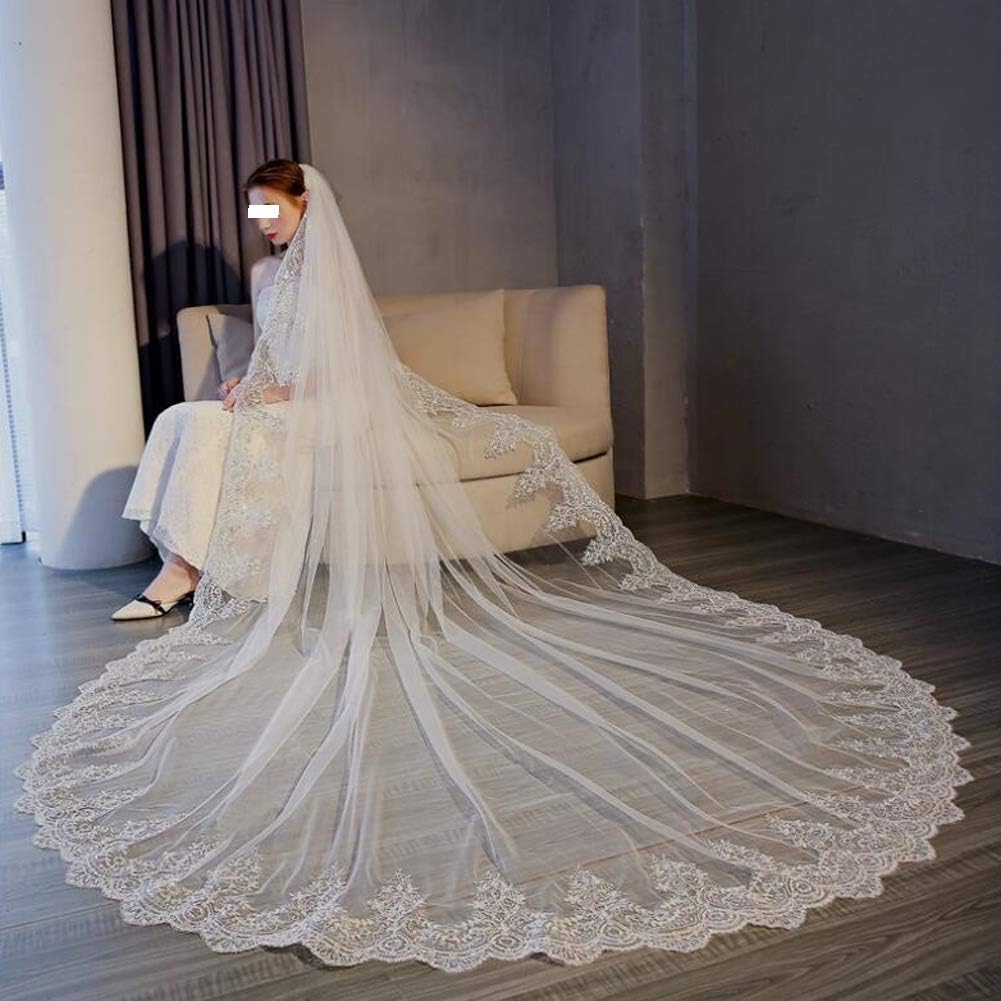 ALturN Hochzeitsschleier, Brautschleier, 3/4/5 Meter, eine Lage, Langer Spitzen-Brautschleier, Hochzeitsschleier, Kathedrale, Brautschleier, Weiß/Elfenbein(White,4 * 3 Meters)