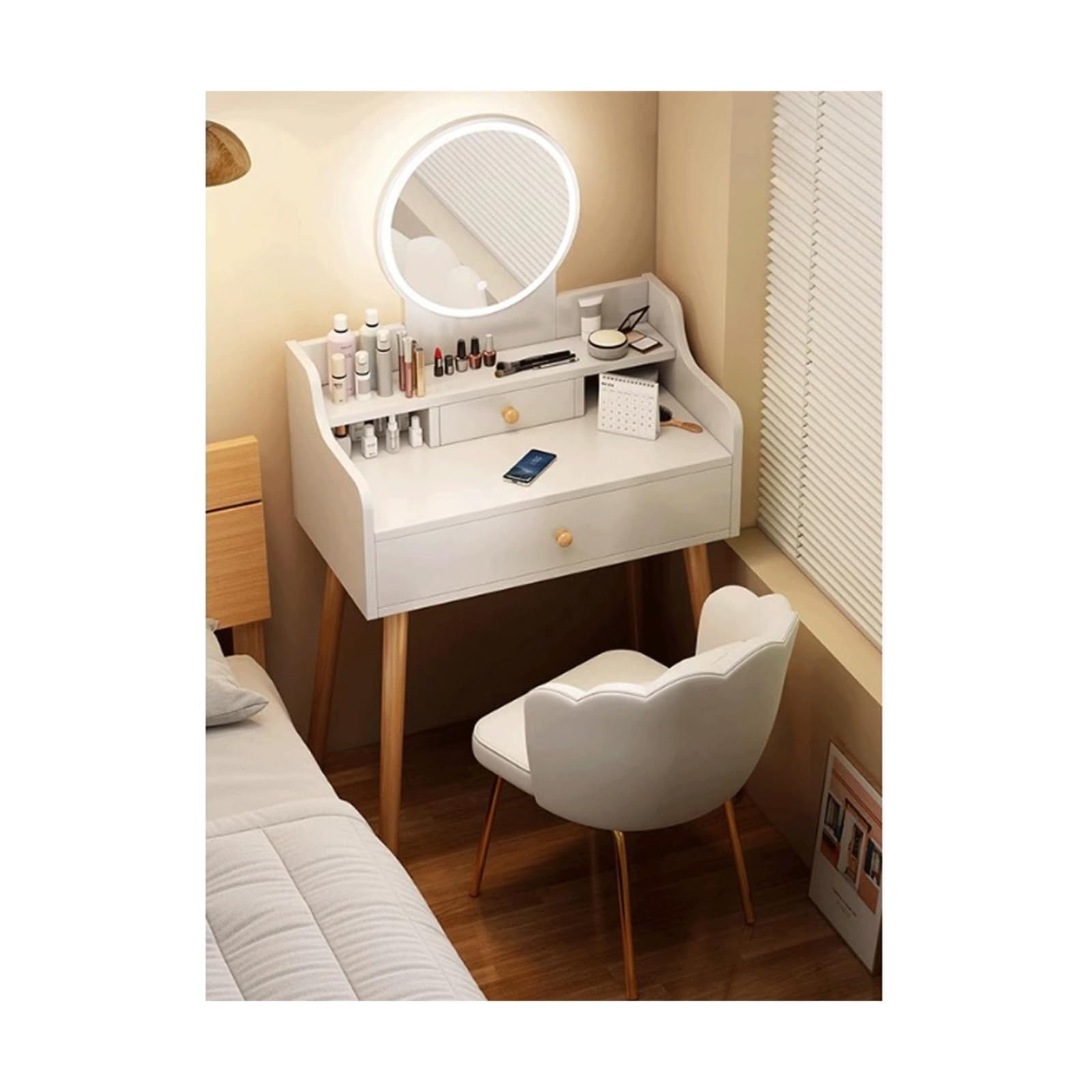 Schminktisch, Schminktisch mit rundem Spiegel und Lichtern, Schminktisch-Set mit Schubladen, Schminktisch für Schlafzimmer (grau-weiß), Schminktisch (weiß, 60 cm)