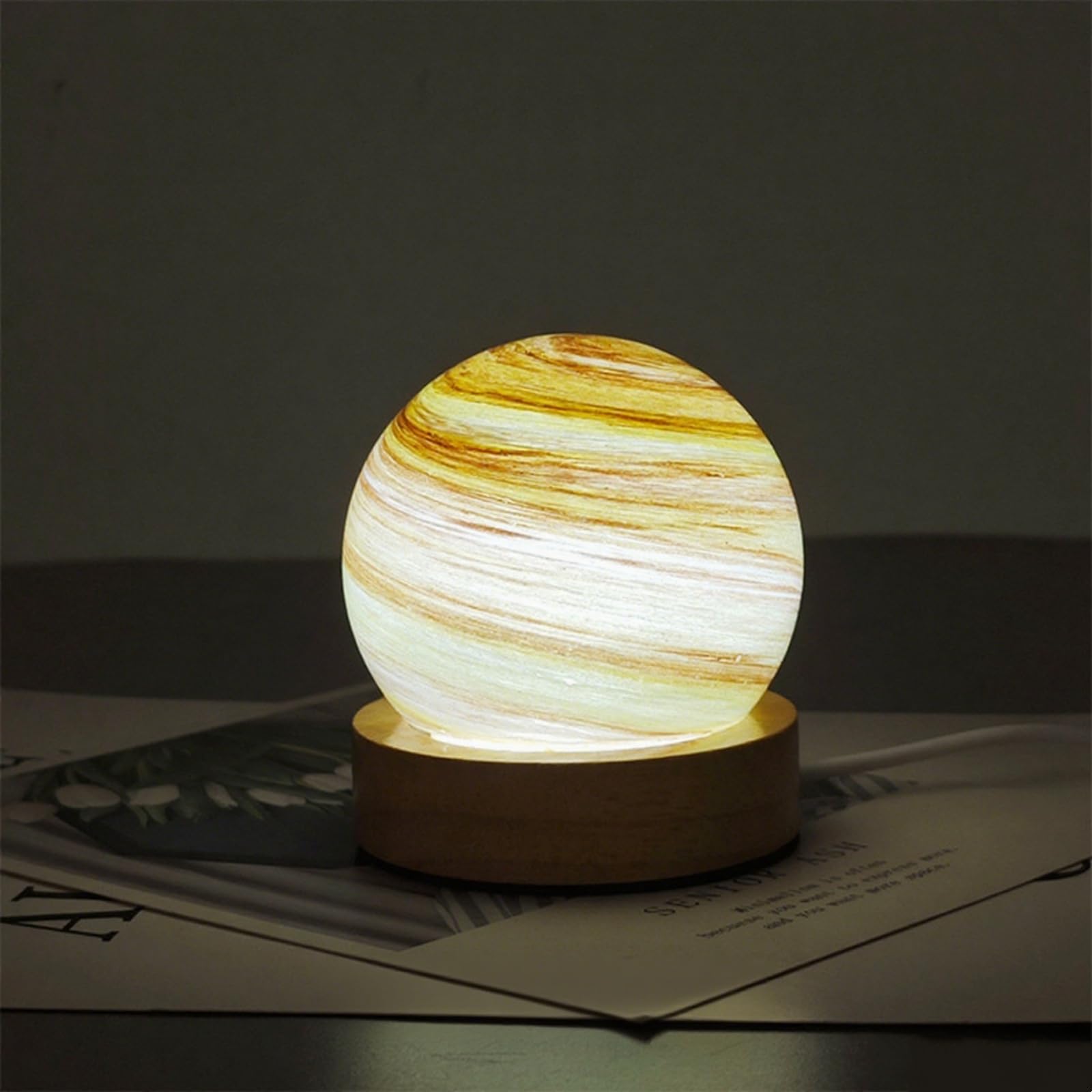 Venus yellow Planet Glass Ball Lamp with Wooden Base Three-color Dimming Design Swirl Planet Table Lamp Suit for Bedroom Nightstand Living Room USB Plug