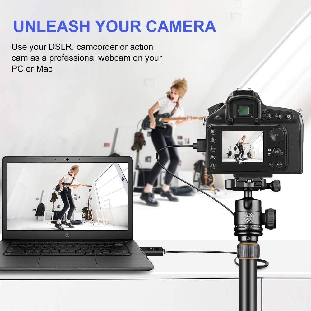 DSLR camera connected to laptop via capture card