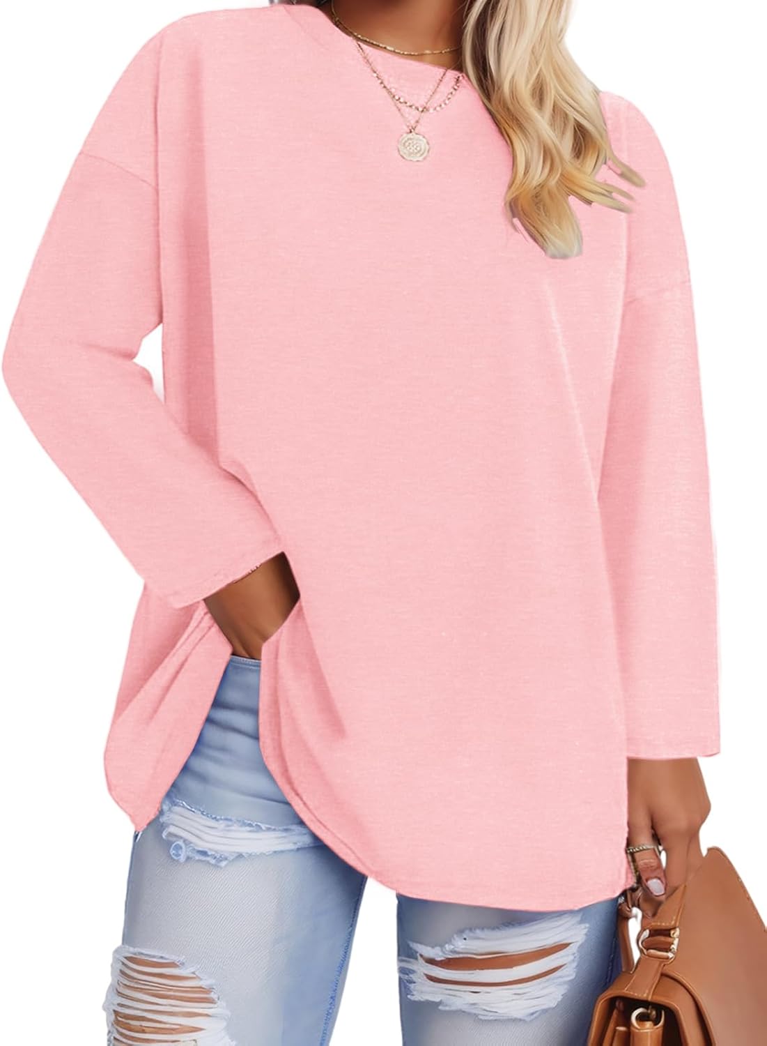 ROSRISS Plus-Size-Oversized-Tops for Women Trendy Drop Shoulder Pullover Shirts Casual Crewneck Long Sleeve Tunics XL-5XL