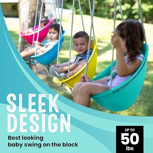 Miniatura 27 de Swurfer Columpio de coco para niños pequeños, cómodo columpio para bebé al aire libre, arnés de seguridad ajustable de 3 puntos, sistema de bloqueo
