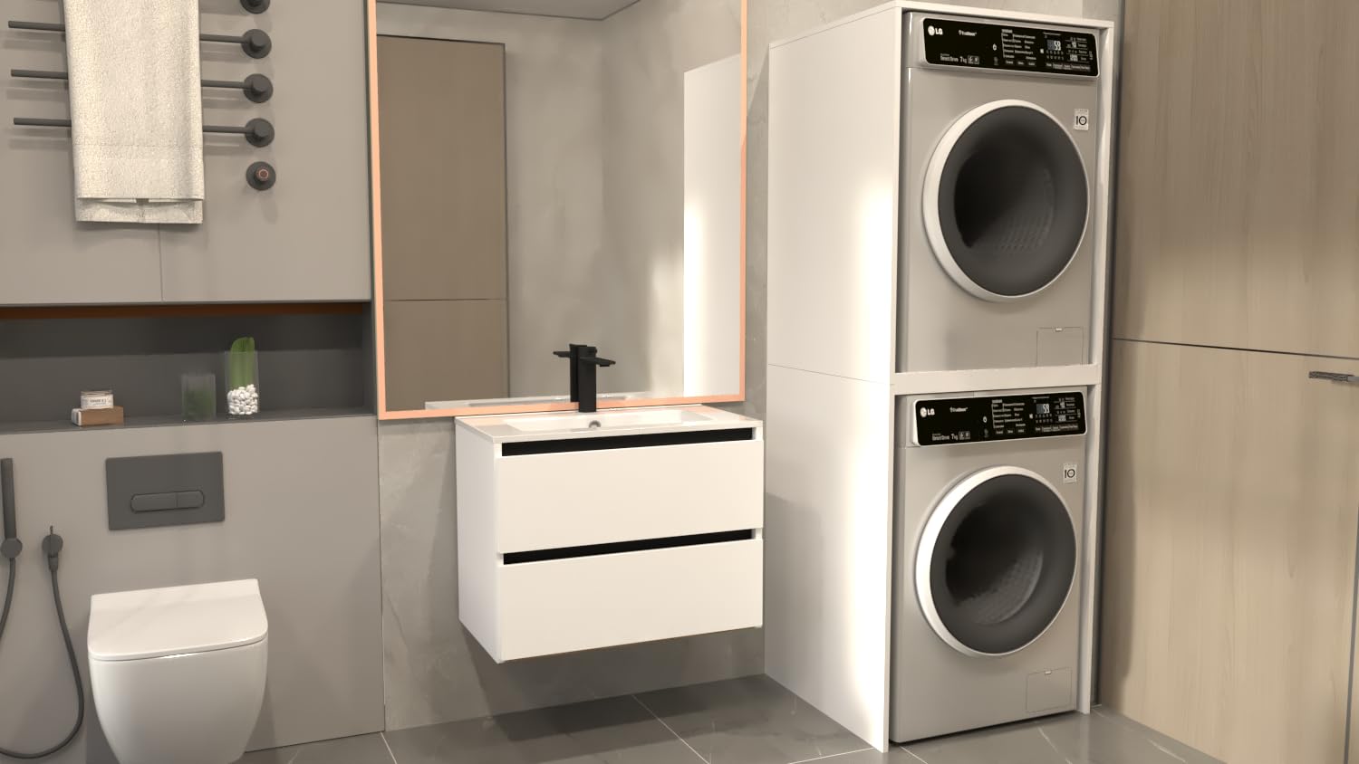 GERMAN Waschmaschinenschrank geeignet für Waschmaschine & Wäschetrockner Weiß Waschmaschinenschrank | Überbauschrank für Badezimmermöbel, 180x66x65 cm