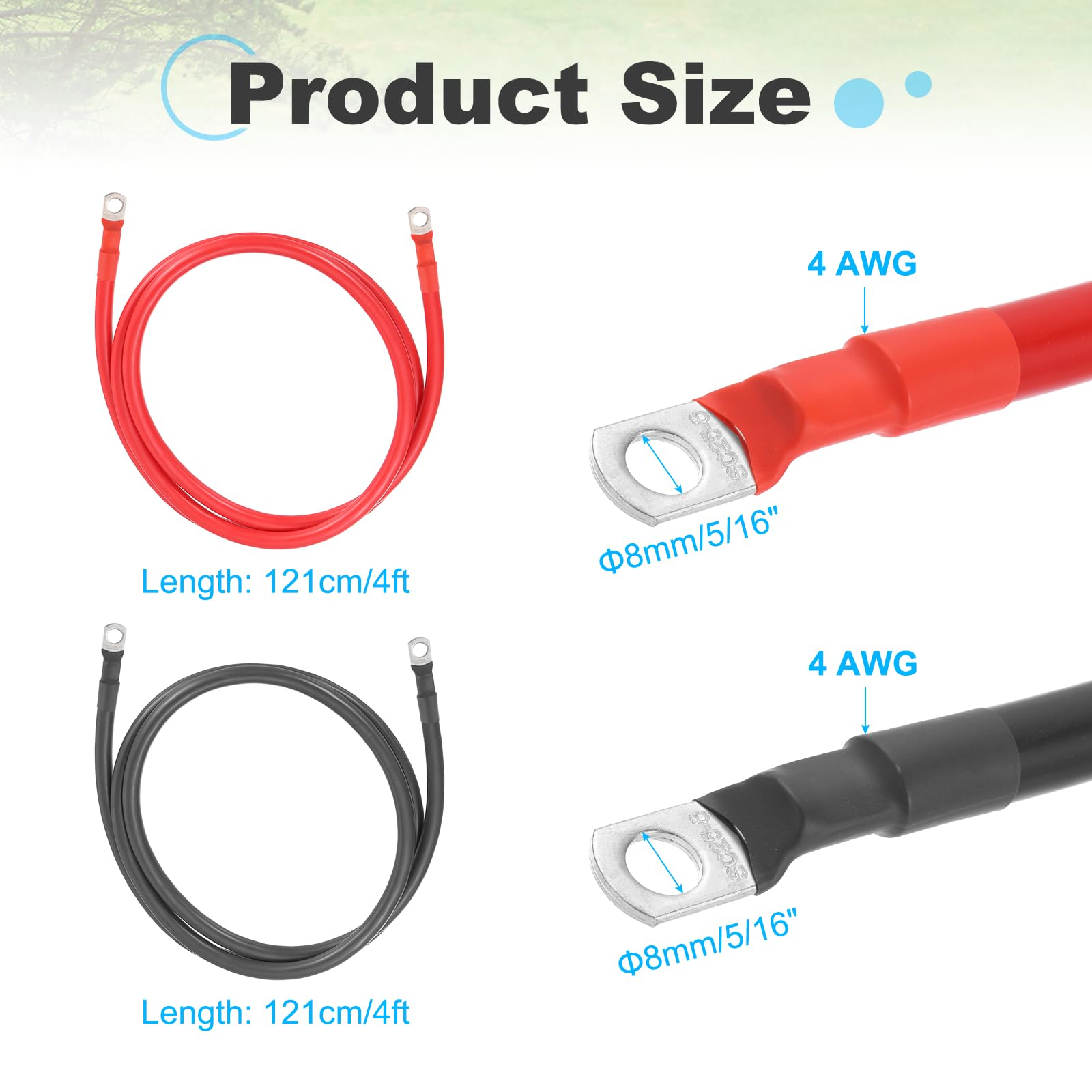 sourcing map Lot de 2 câbles de batterie de calibre 4 AWG de 1,2 m de long et 1,6 cm de diamètre positif et négatif en cuivre avec bornes SC pour voiture, camping-car, chariot de golf marine, rouge et