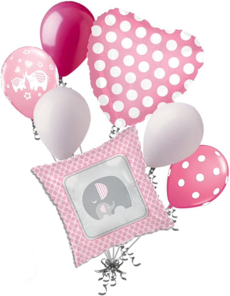 Amazon.com: 7 pc Pink & Grey Elephant Baby Girl Balloon Bouquet It's a ...