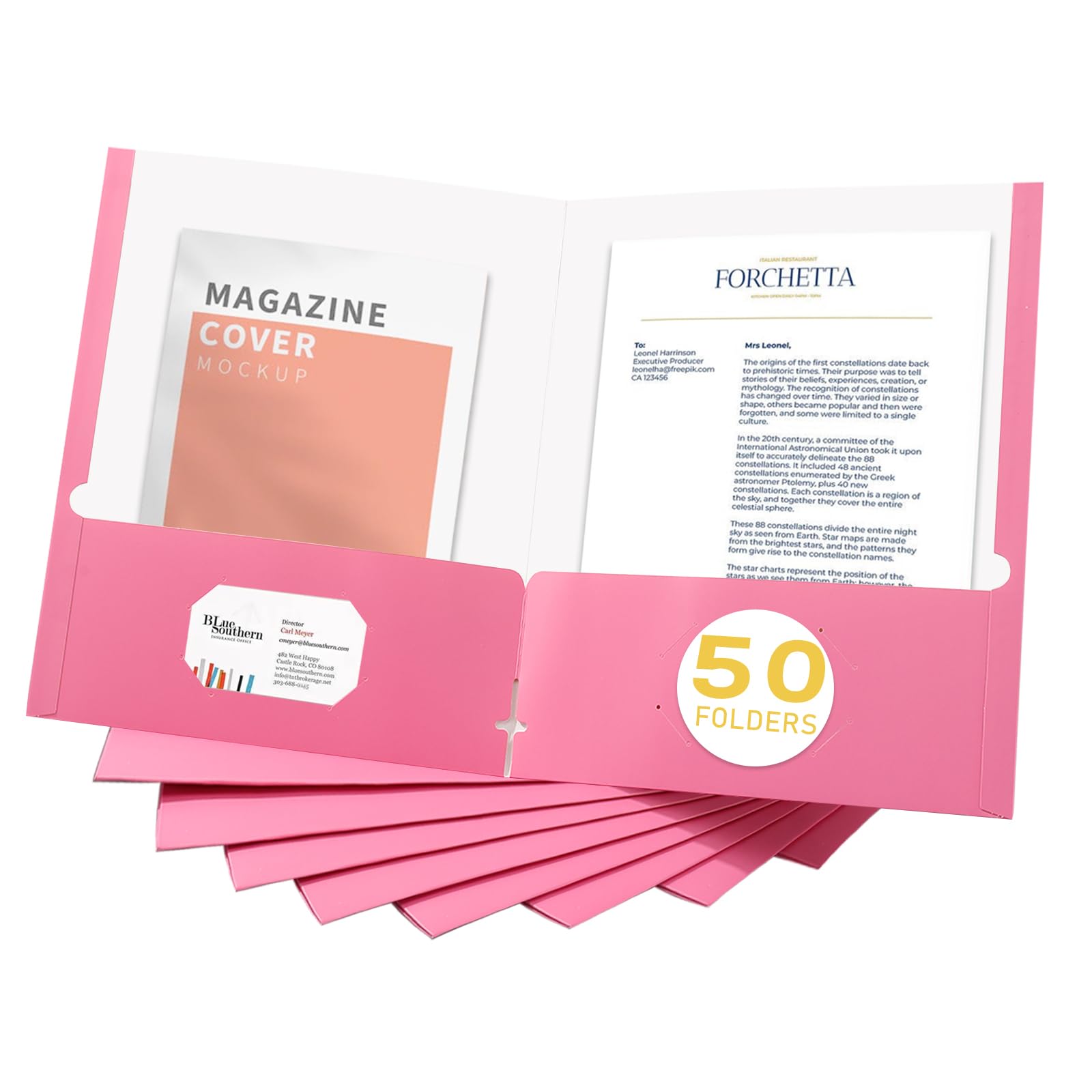 Zzrywuty File Folders with Pockets Letter Size, 50-Pack Paper Folders with Card Slot, Two Pocket Folders for School Students, Businessmen, Home and Office Workers(Pink)