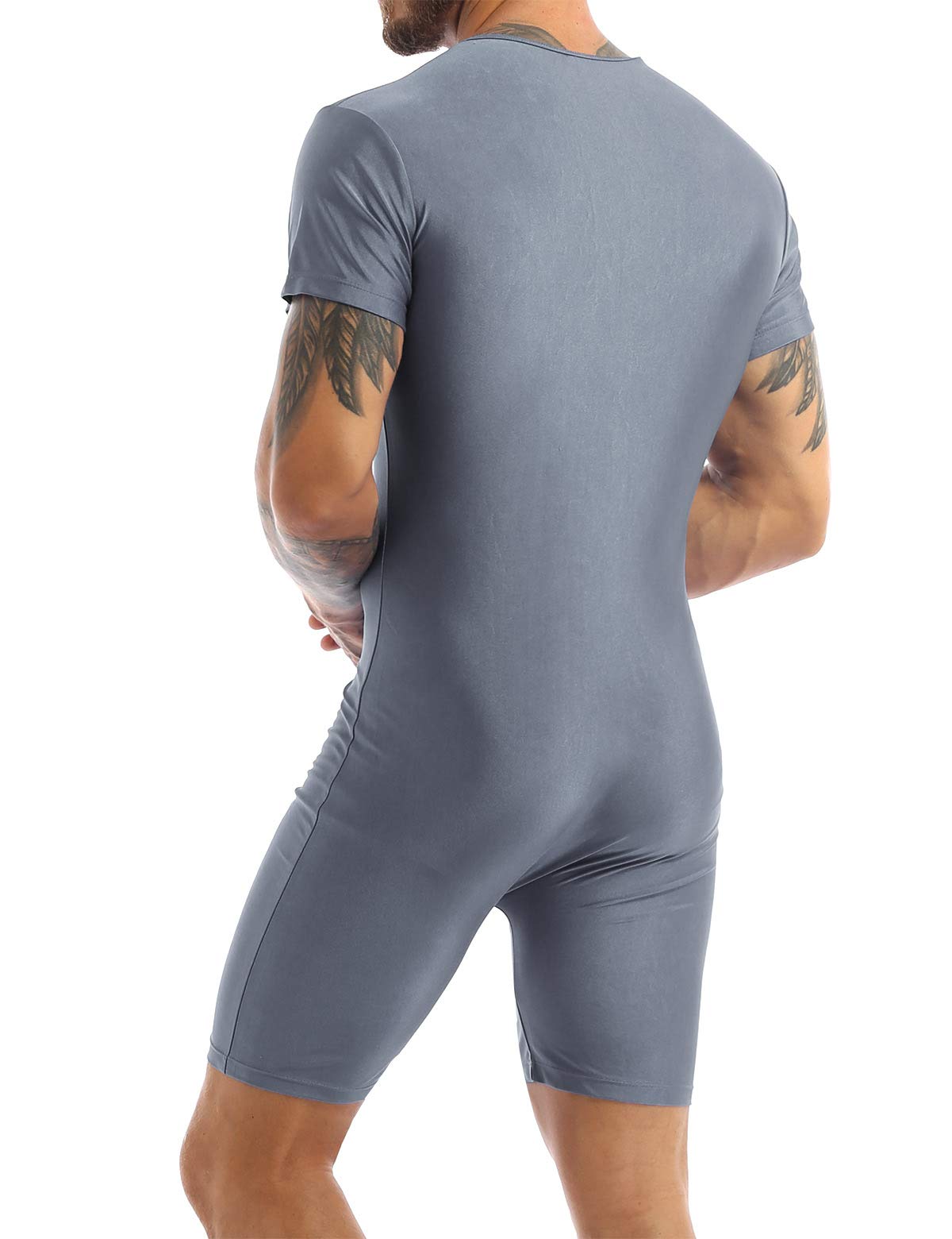 Daenrui Mens Short Sleeve Zip Up Boxer Leotard Shorty Wrestling Singlet Unitard Gymnastics Bodysuit Gray X-Large