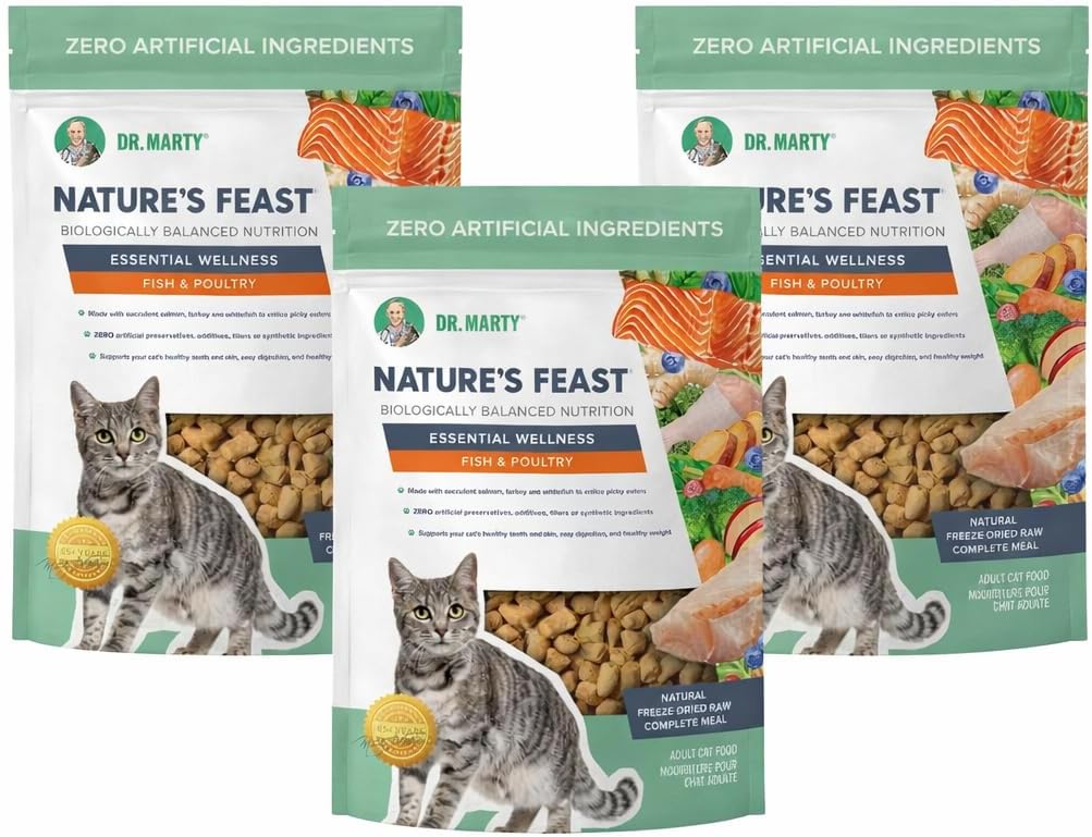 Dr. Marty's Nature's Feast Essential Wellness Raw Cat Food, Fish & Poultry, Freeze Dried, 5.5-oz (3 pack)