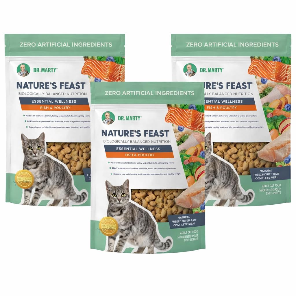 Dr. Marty's Nature's Feast Essential Wellness Raw Cat Food, Fish & Poultry, Freeze Dried, 5.5-oz (3 pack) 5.5 Ounce (Pack of 3)