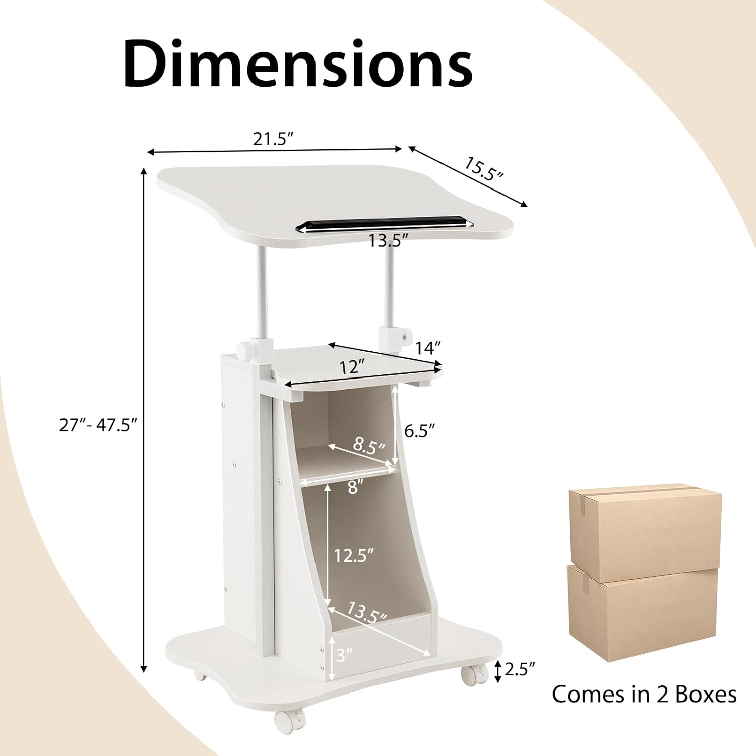 POWERSTONE 2PCS Sit to Stand Mobile Lectern Teacher Podium Portable Height Adjustable Podium Stand Rolling Laptop Desk Cart with Storage Shelf Swivel Top for Classroom, Concert, Church White