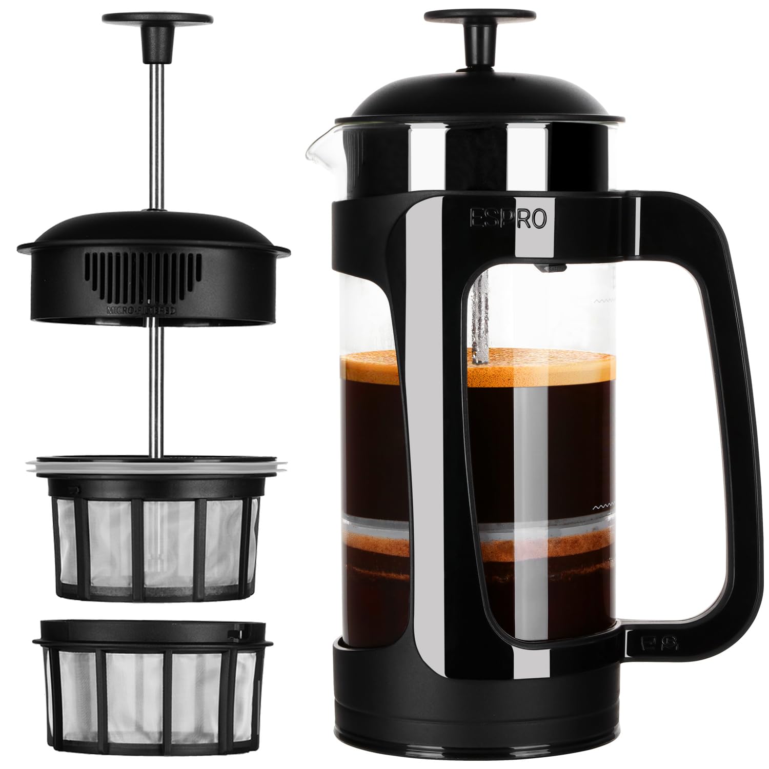 ESPRO - P3 Cafetiere 2 Cups French Press Coffee Maker – Patented Double Microfilter for Sludge and Grit Free Brew - Heat Resistance Borosilicate Glass Coffee Press - Black 530ml