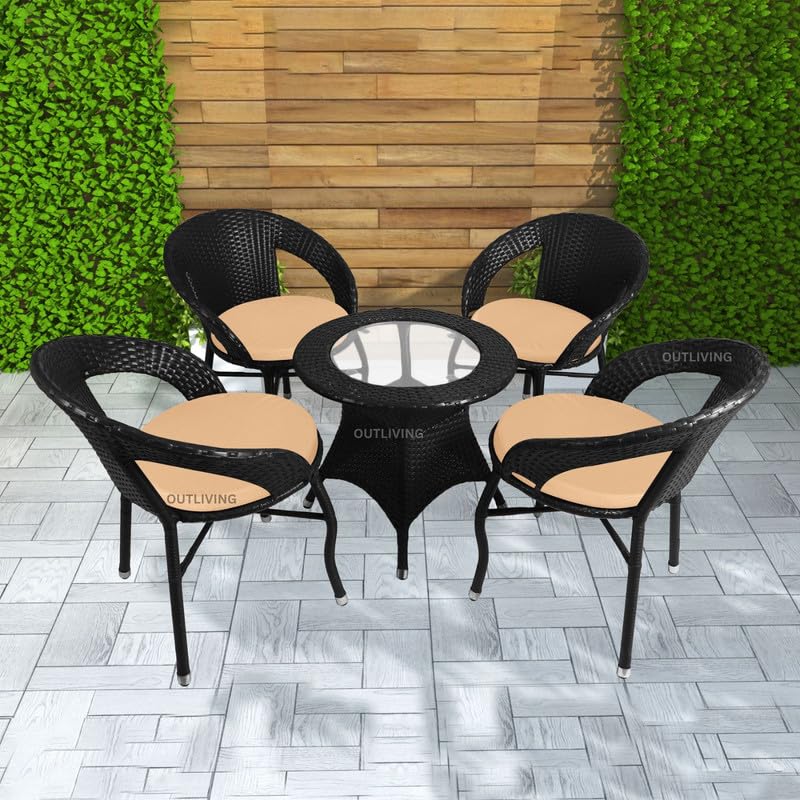 OUTLIVING 5-Piece Outdoor Rattan Wicker Patio Coffee Table Set with Cream Cushion | Garden Furniture for Balcony, Terrace, Poolside & Porch | Waterproof Bistro Sets for Home & Backyard (Black)-image-42