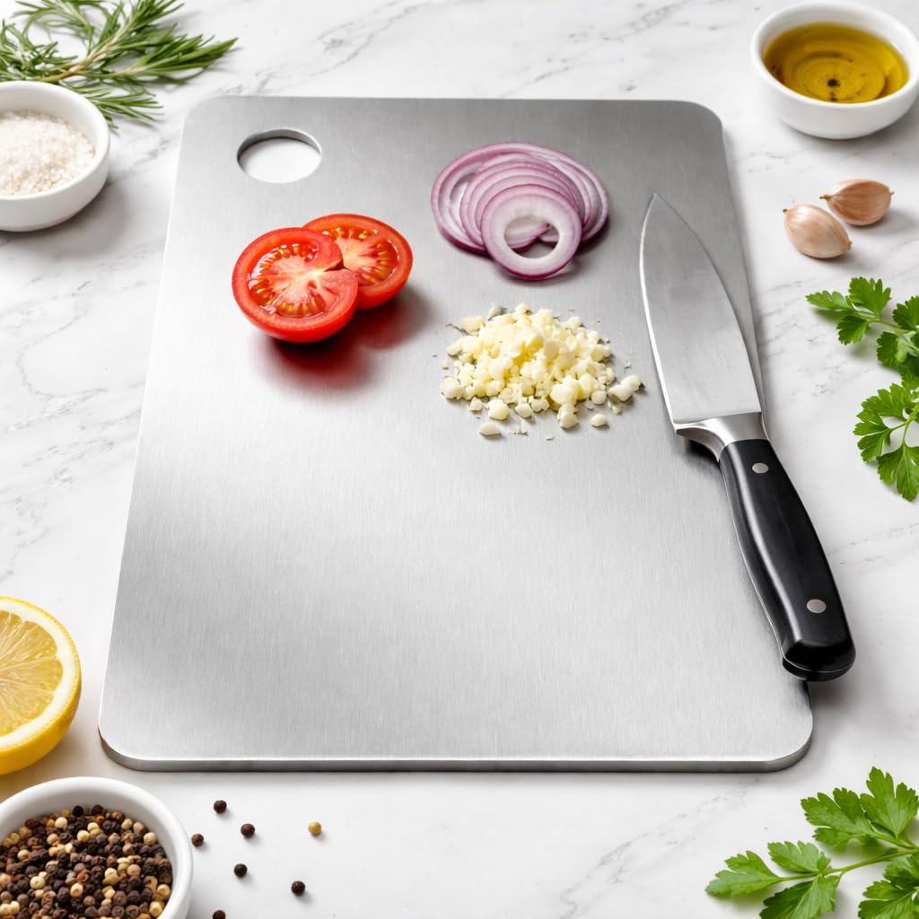 AVIARA™ Stainless Steel Cutting Board, 304 Grade, Non-Porous Metal Chopping Board for Meat, Vegetables and Fruits, Slicing Breads, 36 × 25 cm, 1mm Thickness AVIARA™ Stainless Steel Cutting Board, 304 Grade, Non-Porous Metal Chopping Board for Meat, Vegetables and Fruits, Slicing Breads, 36 × 25 cm, 1mm Thickness