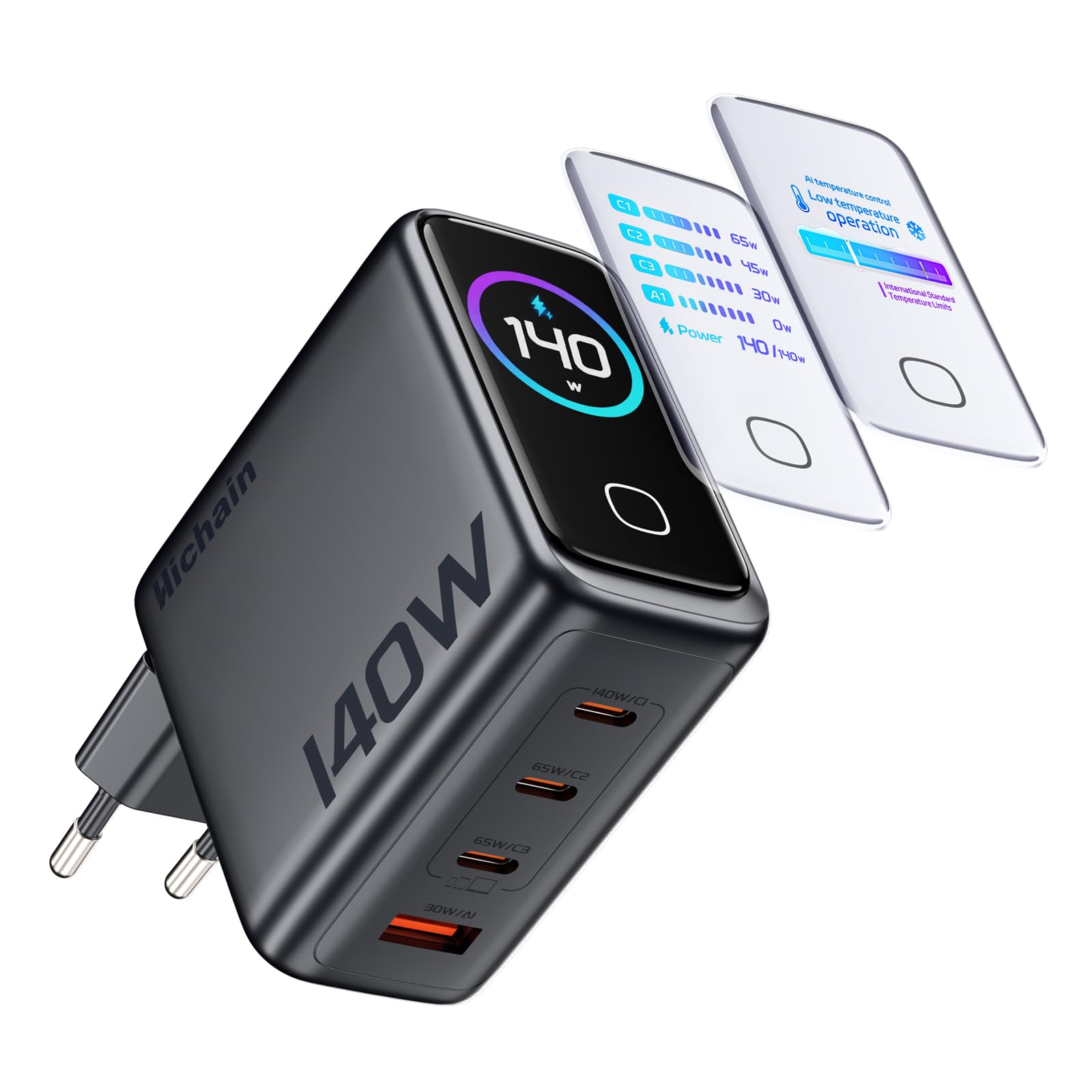 Hichain Caricatore USB C da 140 W, caricatore per laptop, 4 porte, ricarica rapida, alimentatore GaN avanzato, ricarica ultra veloce da 140 W a 1, controllo PortTouch
