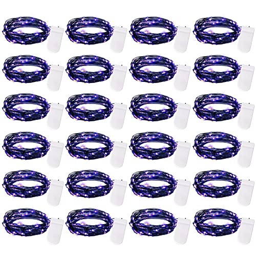 Brightown 24 Pack Fairy Lights Battery Operated, Halloween String Lights Waterproof Black Wire 7 ft 20 LED Firefly Starry Lights for Hallowen Decorations DIY Paper Lantern Craft Pumpkin (Purple)