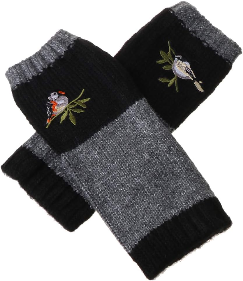 Wrist Warmers, Women Winter Knitted Fingerless Gloves Bird Embroidered Color Block Splice Half