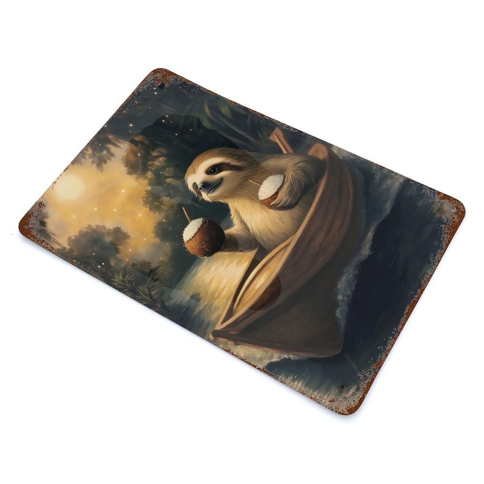 Garage Style Sloth on A Boat with Cocktails Rusty Metal Tin Sign 11.8"x7.9", Shabby Chic Decor for Bar And Workshop