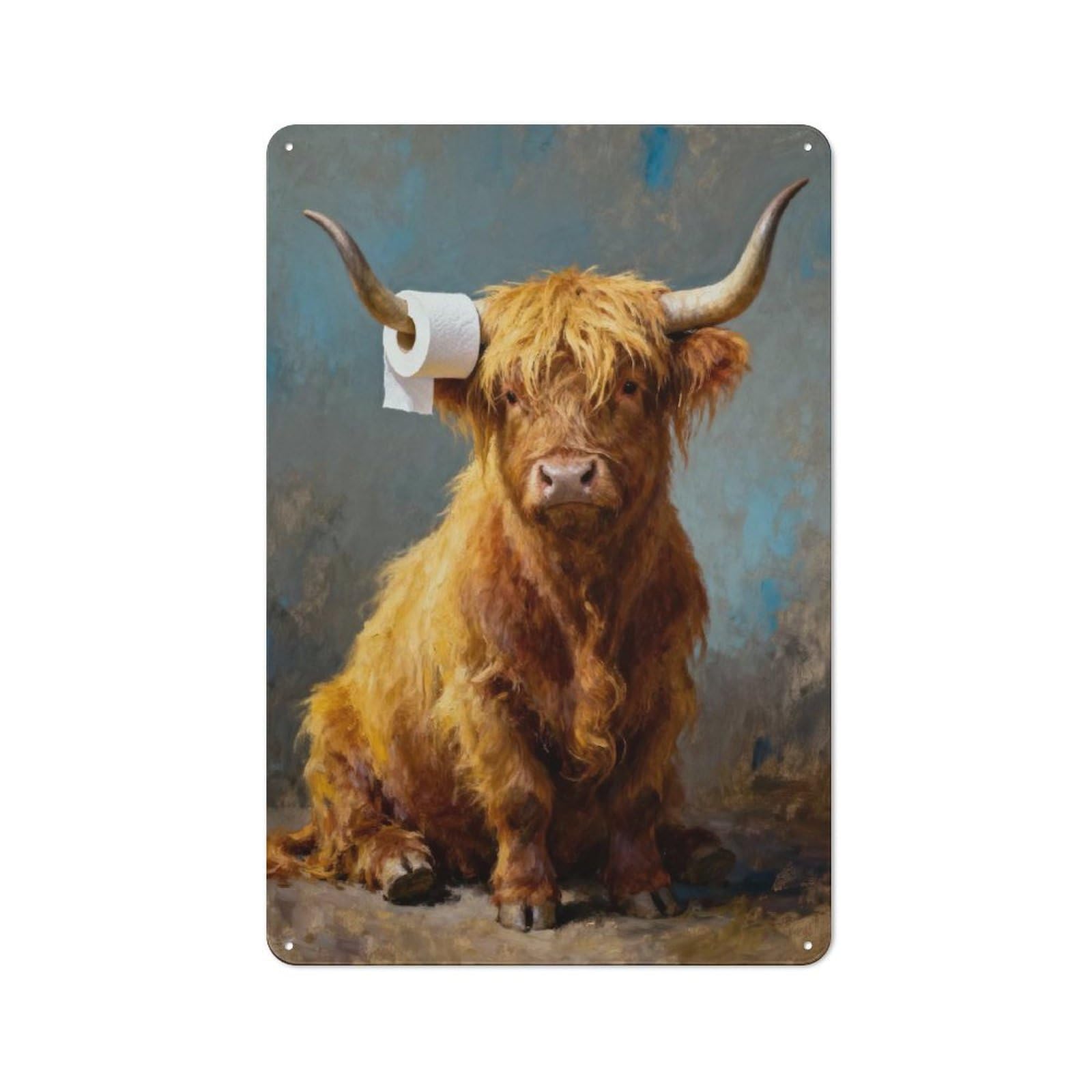 Junmoney Style-23 Retro Retro Metal Sign 30X20cm Featuring Highland Cow With Toilet Paper, Garage Wall Decor For Garage, Hobby Room, Office Or Man Cave