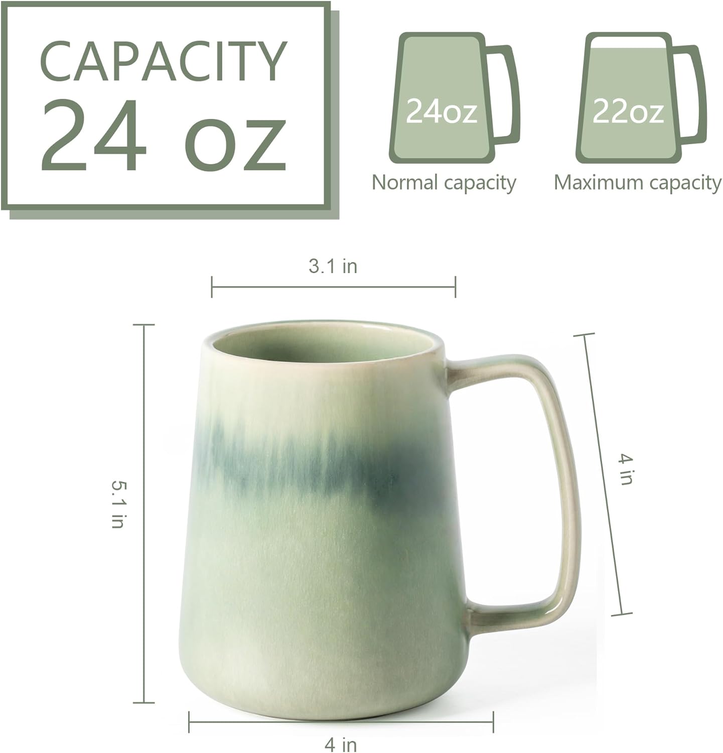 Ceramic Coffee mugs, 24 oz, Extra Large Mugs, Big Tea and Cups, Large Handle, Pottery Mugs, Transmutation Glaze，Wide Bottom Coffee Mug, Microwave and Dishwasher Safe. (Light Green) - Image 2
