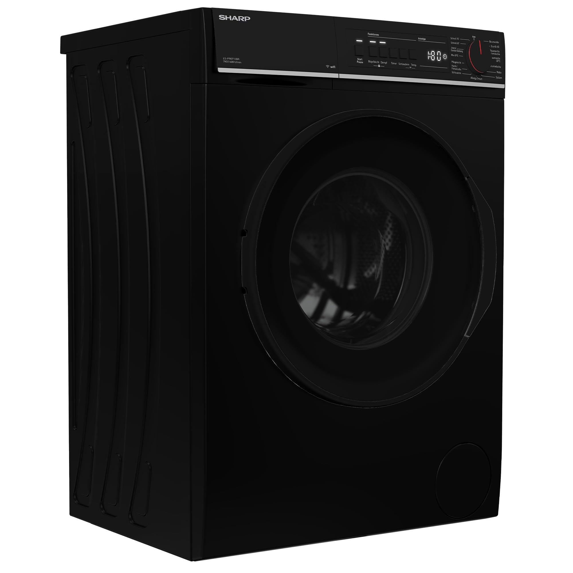 SHARP ES-PRO714BA-DE Waschmaschine Frontlader, 7 kg, 1400 U/min, Aquastop, WIFI, Dampftechnologie (Schwarz)