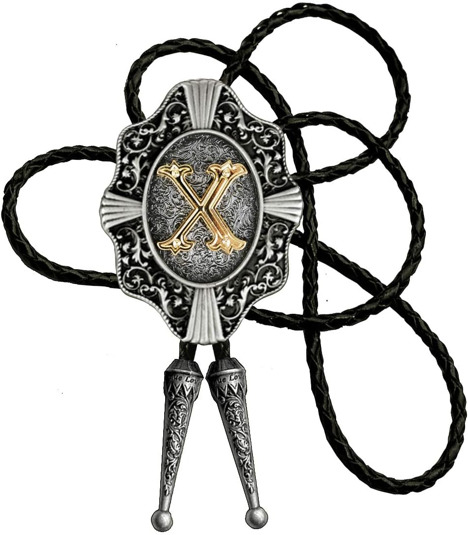 Moranse Golden Initial Letters in Flower Nursery Cowboy Bolo Tie with Cowhide Rope