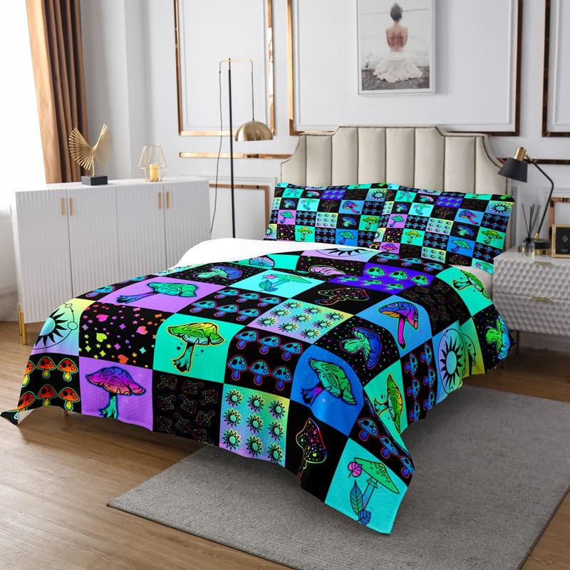 Mushroom Bedspread for Girls Boys Kids Twin Size Boho Sun Galaxy Coverlet Set Teal Purple Buffalo Check Plaid Room Decorative Quilted Coverlet Wild Mushrooms Quilted Set 2Pcs Bedspreads Quilt