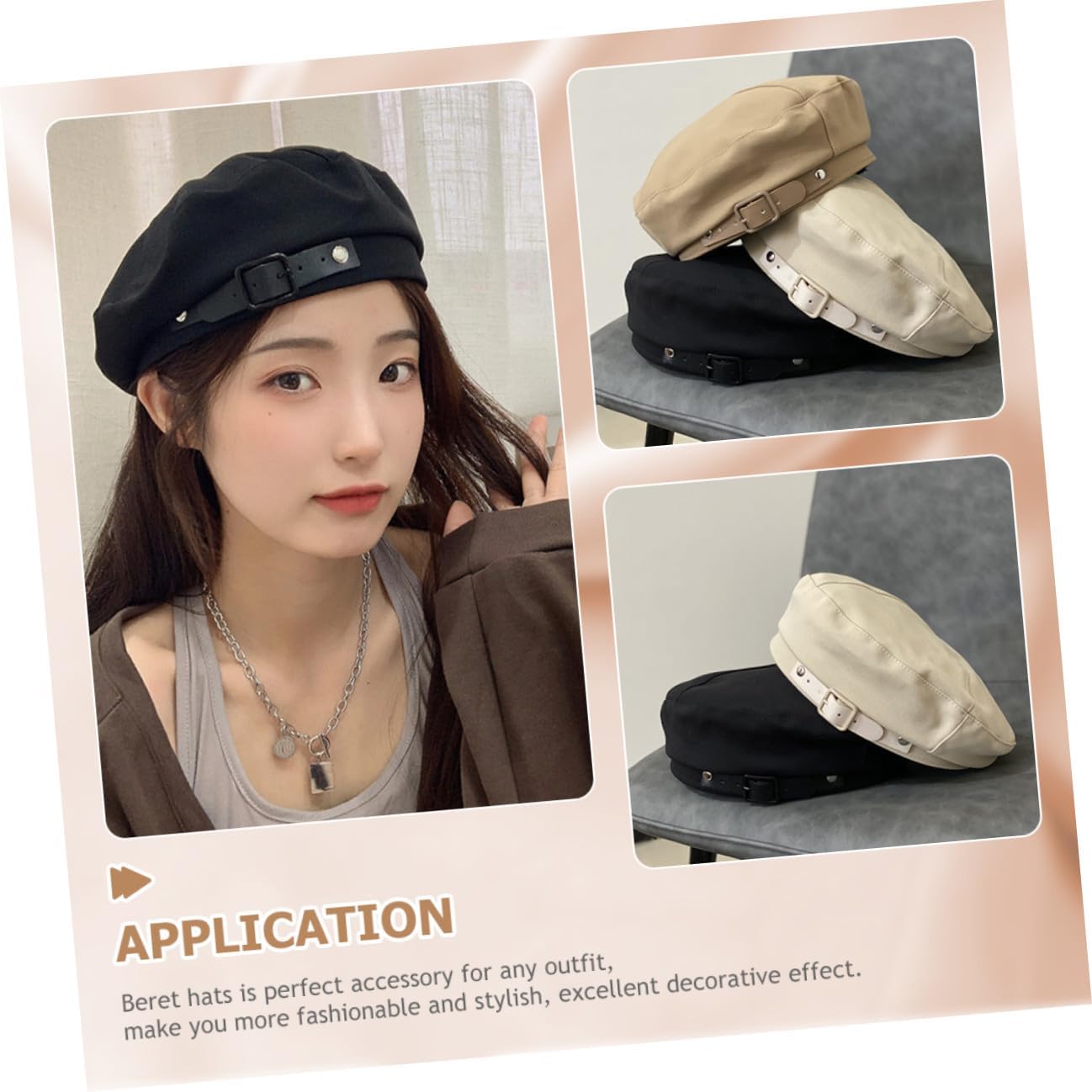 Women’s Vintage Sun Protection Beret Hat Leather Strap, One Size French Style Beret Caps for Outdoor Travel Black