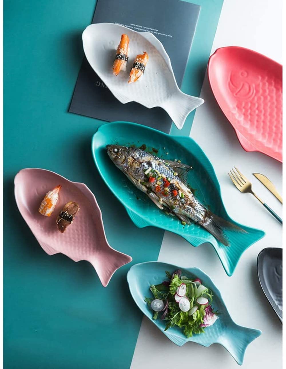 Vajilla De Cerámica Plato Creativo Plato En Forma De Pez Almacenamiento Cacerola De Pescado for Restaurante Cena En Casa -Verde Oscuro(Green)