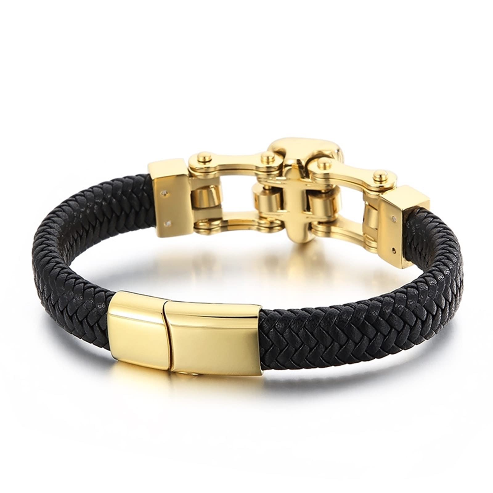 Bracelet pour Homme Saint Valentin, Bracelet Or Noir Acier Inoxydable Cuir Tressage de Panier Crocodile Promettre Cadeau Bijoux Homme 21cmx12mm