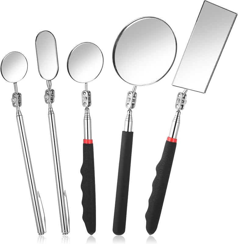 5 Pieces Telescoping Inspection Mirror Set Retractable Mechanical Mirror Tool 360 Rotation Mirrors Inspection Tool Stainless Steel Mirrors for Check Observe Vehicle, Car, Eyelashes, Small Parts
