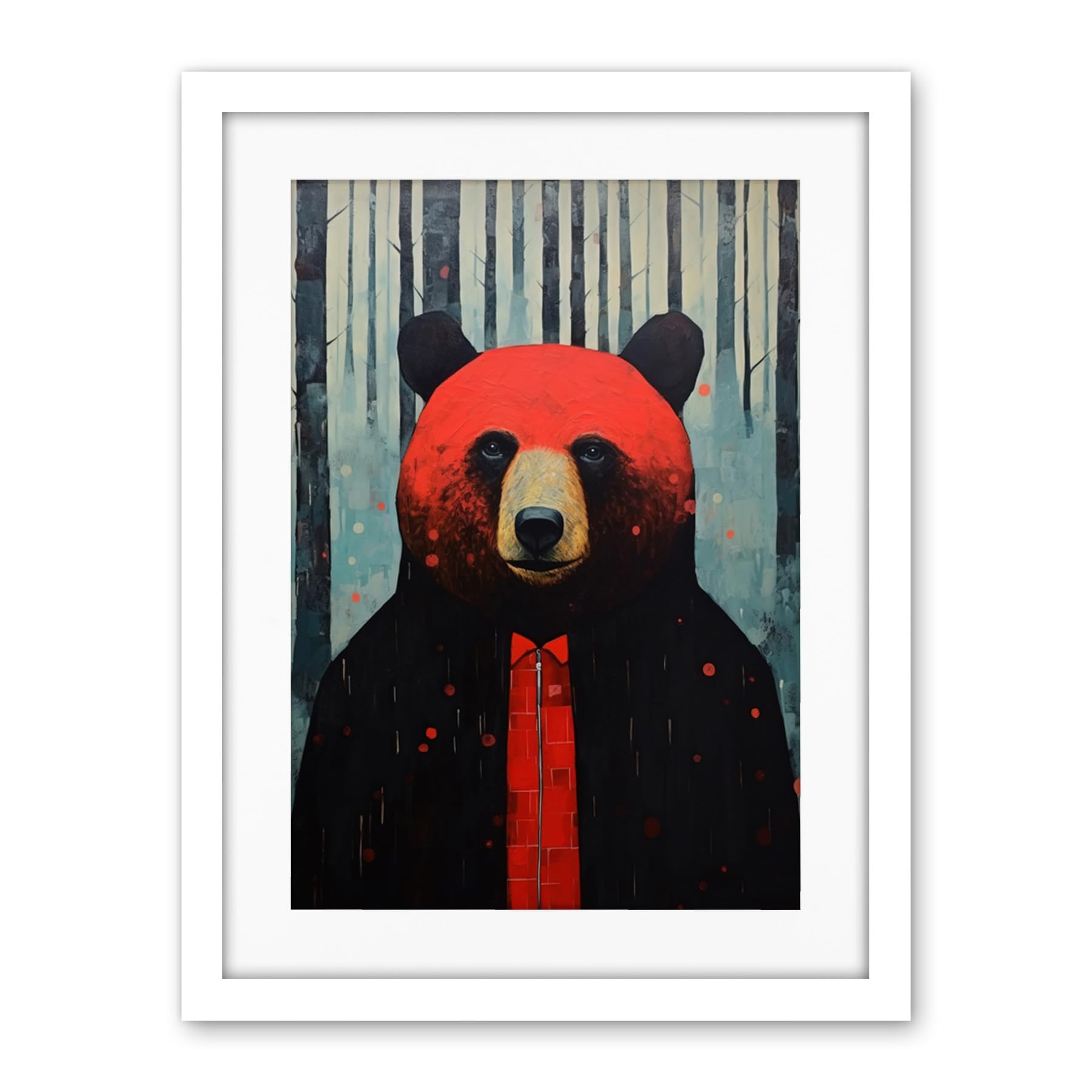 Artery8 Hipster Red Bear Artwork Oil Painting Black Blue Artwork Forest Trees Artwork Framed Wall Art Print 18X24 Inch